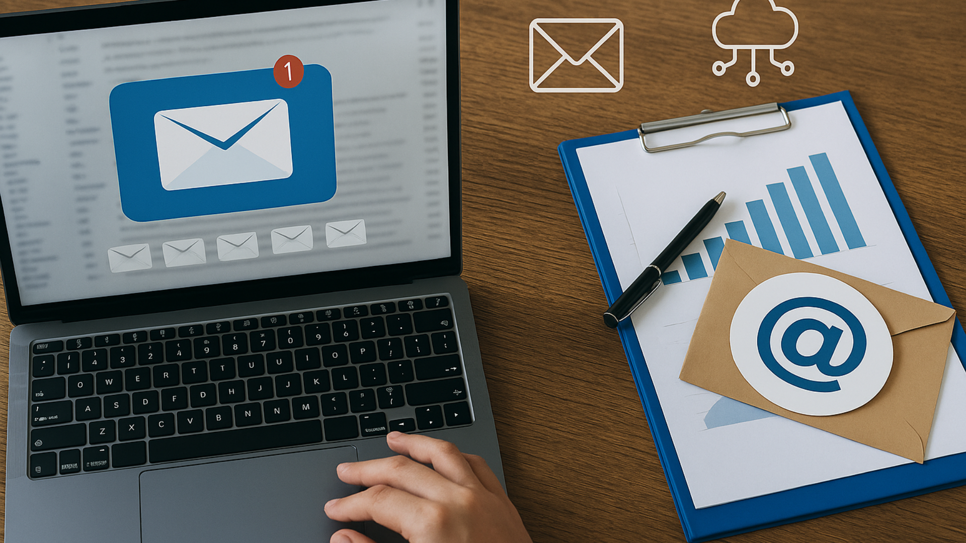 Laptop with email icon, clipboard with charts, and an envelope; all on a wooden table.