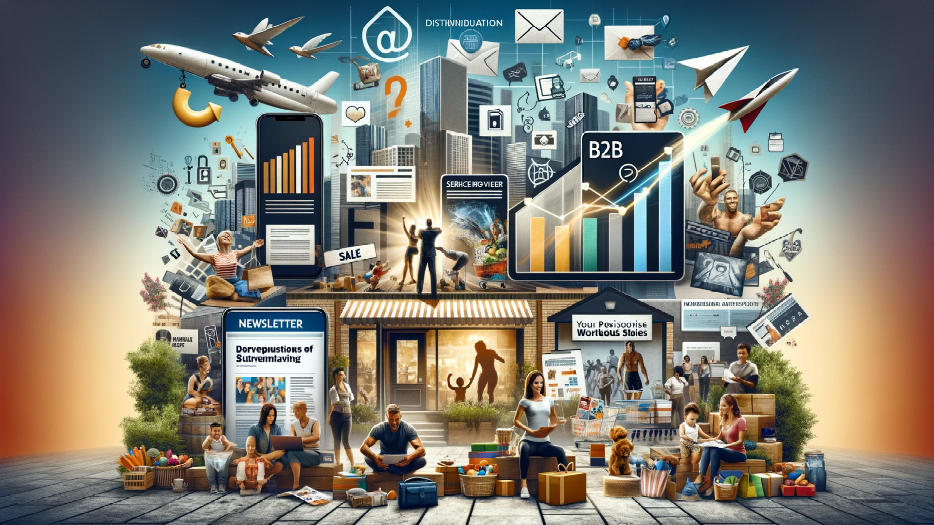 A group of people are sitting in front of a building with a lot of icons on it.