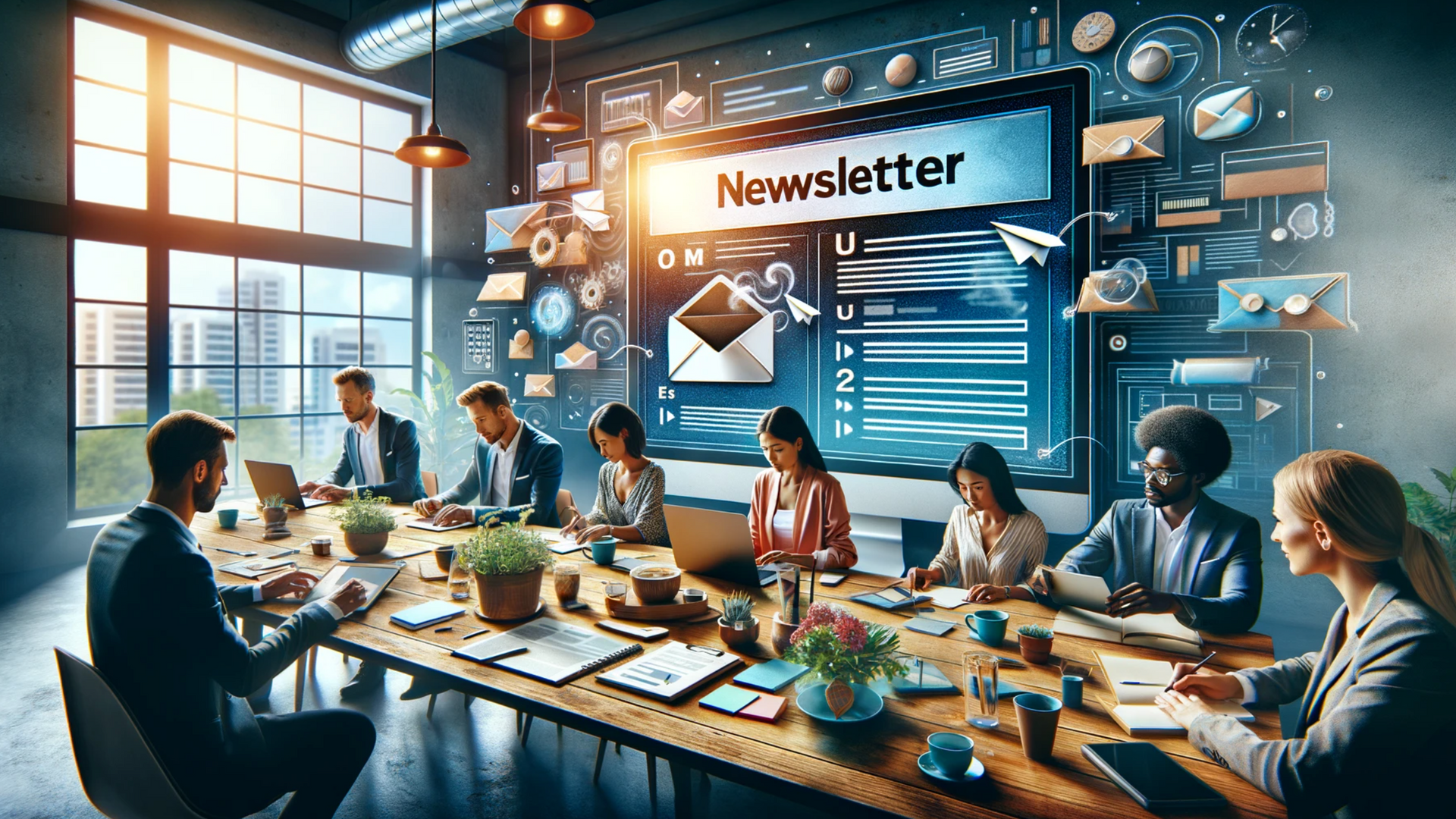 A group of people are sitting around a long table in a conference room.