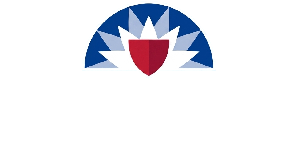 Blue-and-white semicircle logo with a red shield centered at the bottom