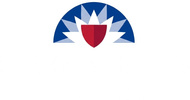 Blue-and-white semicircle logo with a red shield centered at the bottom