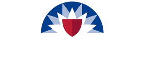 Blue-and-white semicircle logo with a red shield centered at the bottom