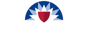 Blue-and-white semicircle logo with a red shield centered at the bottom