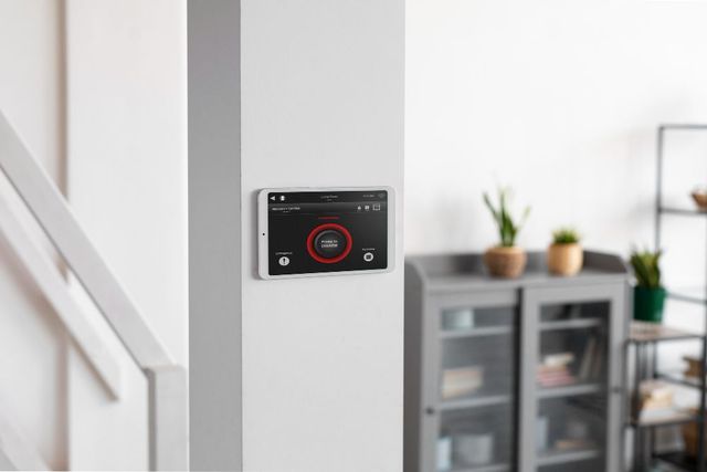 A tablet is mounted on a wall next to a staircase in a living room.