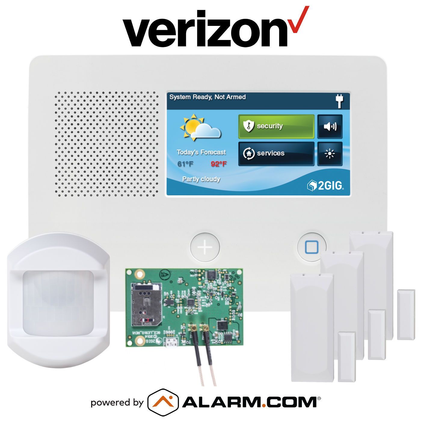 A verizon security system with a motion sensor and door sensors