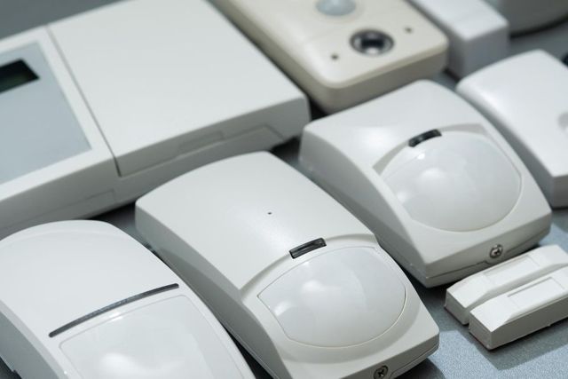 A bunch of white security sensors are sitting on a table
