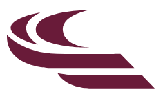 A purple and white logo on a white background.