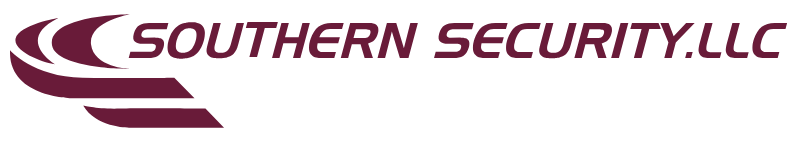 The logo for southern security llc is purple and white.