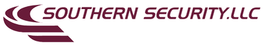 The logo for southern security llc is purple and white.