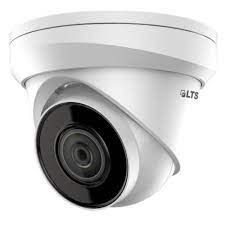 A white dome camera with a black lens on a white background.