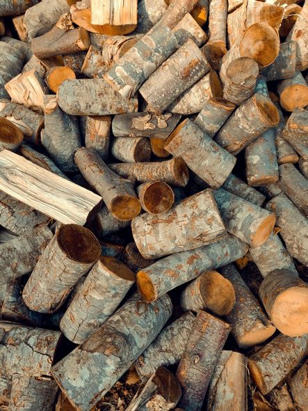 Piles of cut firewood logs stacked together, with bark and cut ends visible in earthy brown and gray tones