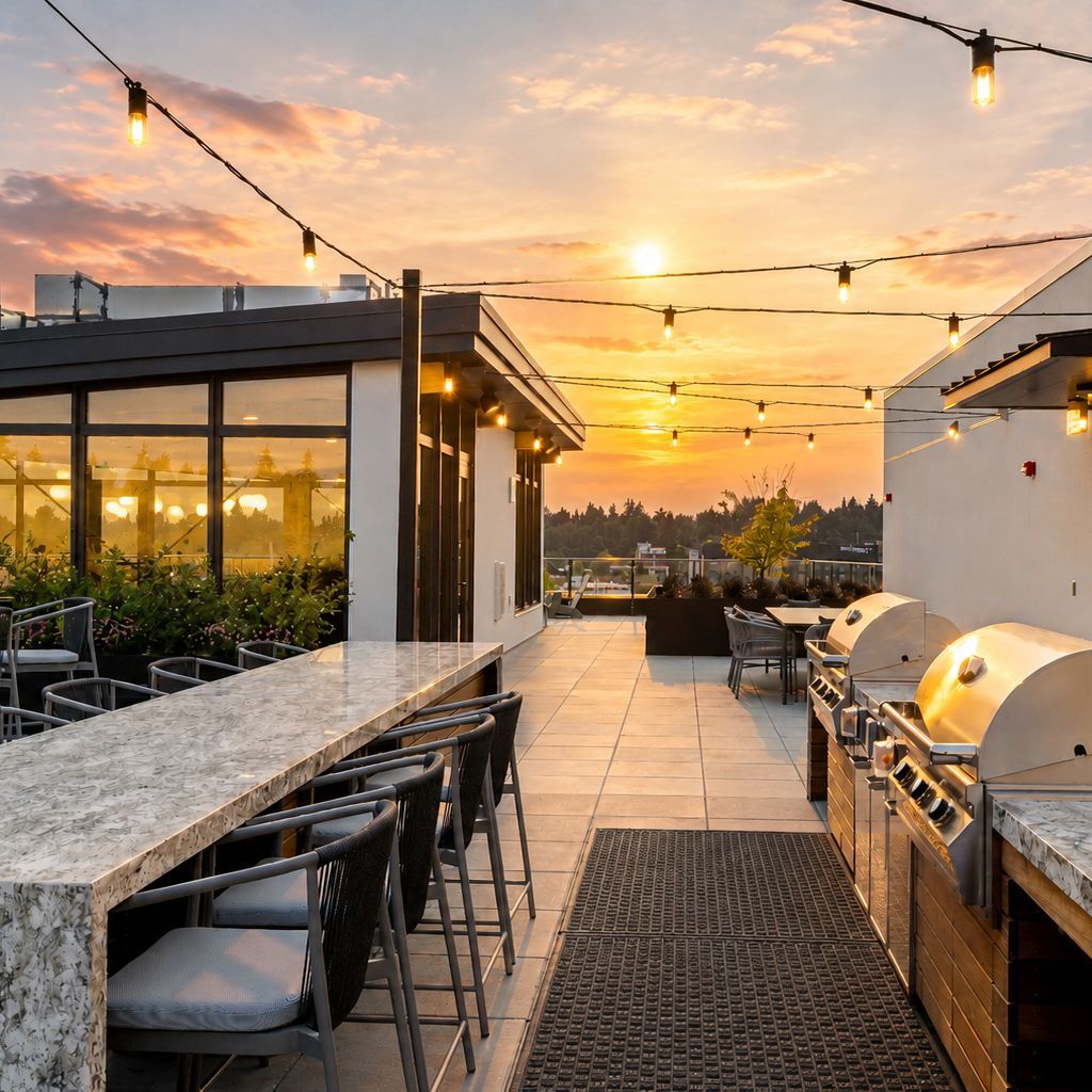 rooftop at sunset with seating and BBQ
