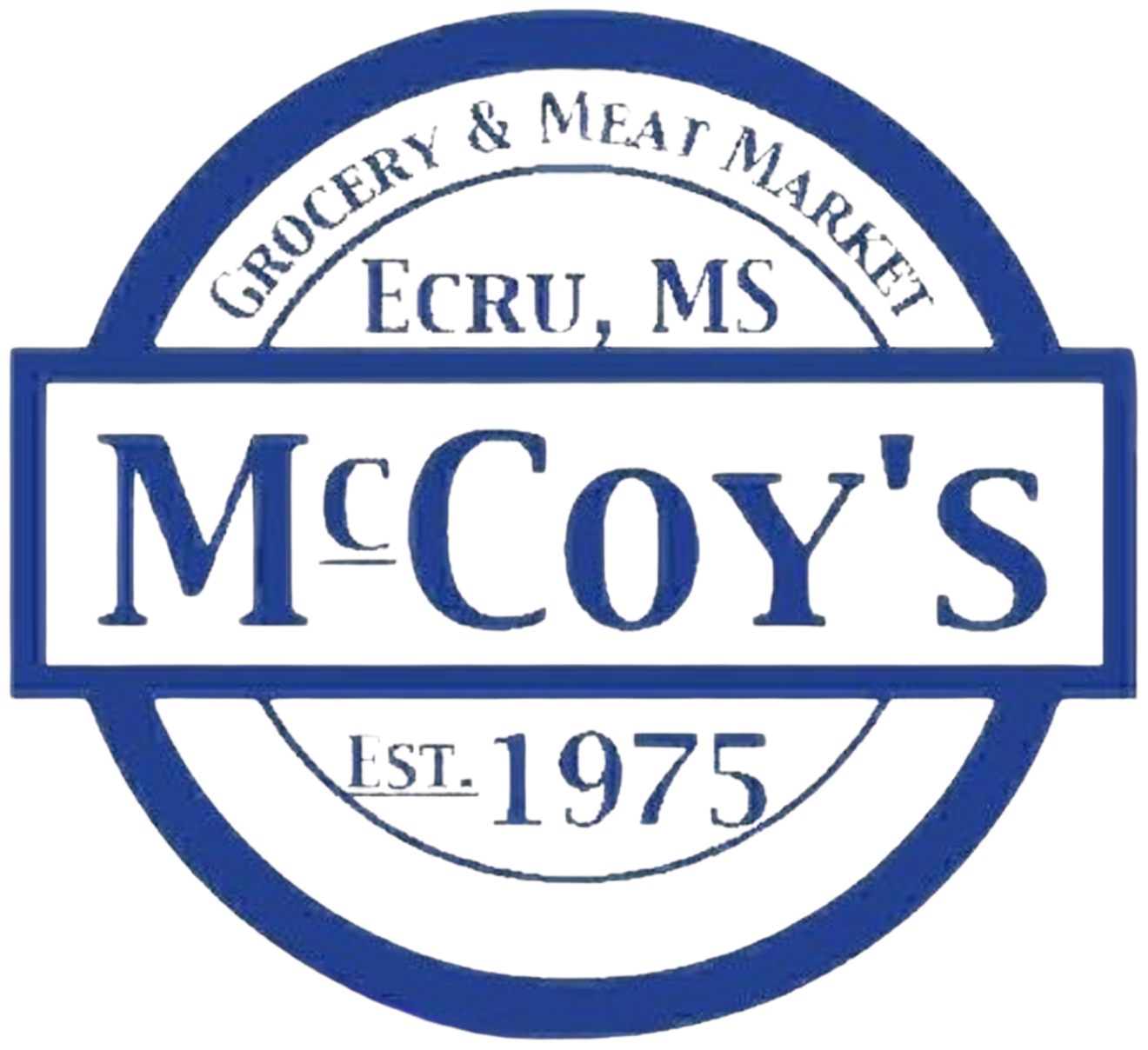McCoy's Grocery & Meat Market logo, blue and white, featuring the name, location (Ecru, MS), and established date (1975).