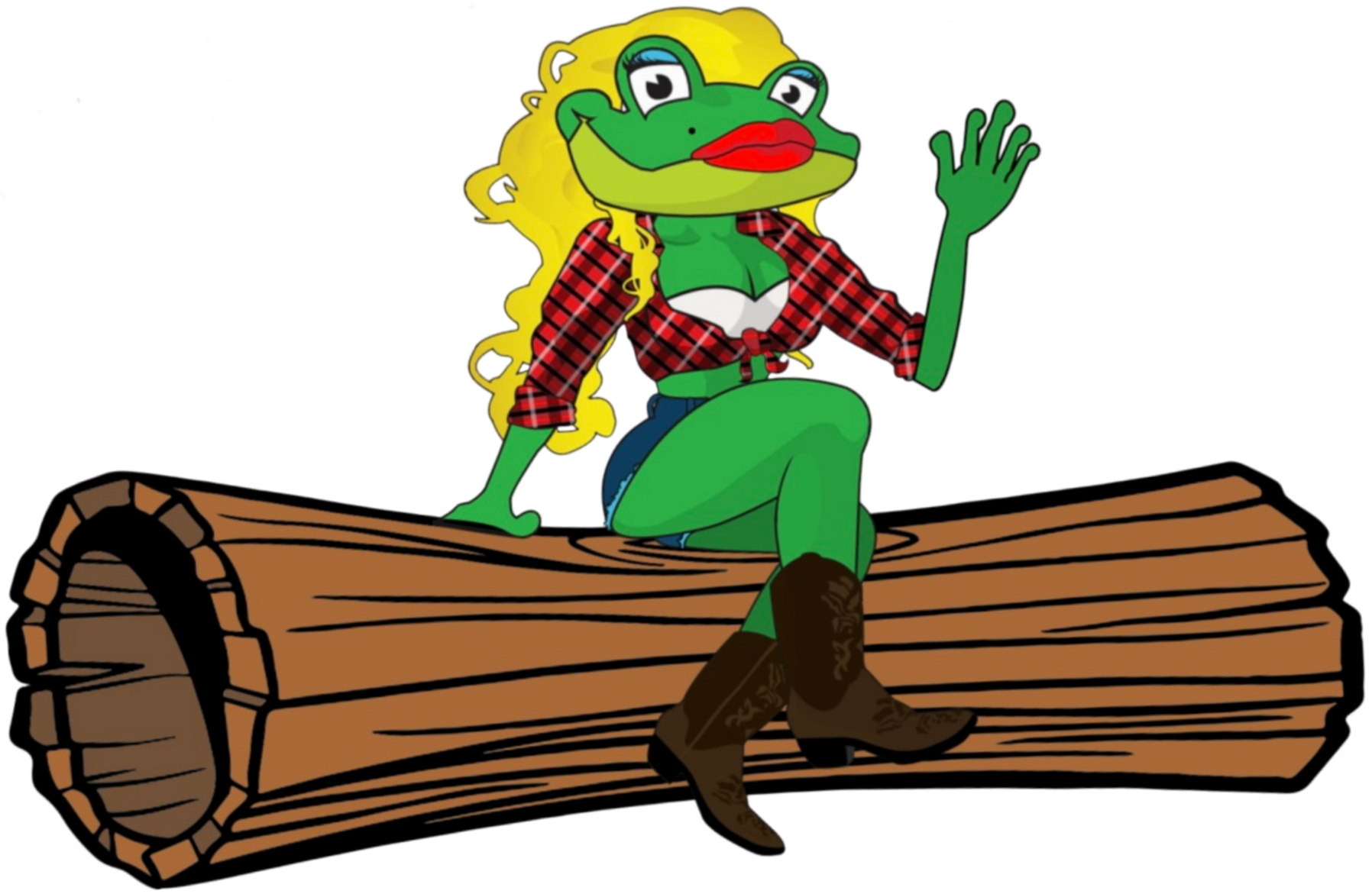 Green frog woman with blonde hair, red lipstick, cowboy boots, and plaid shirt sitting on a log.