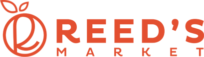 Logo for Reed's Market, with a stylized orange fruit and the words 