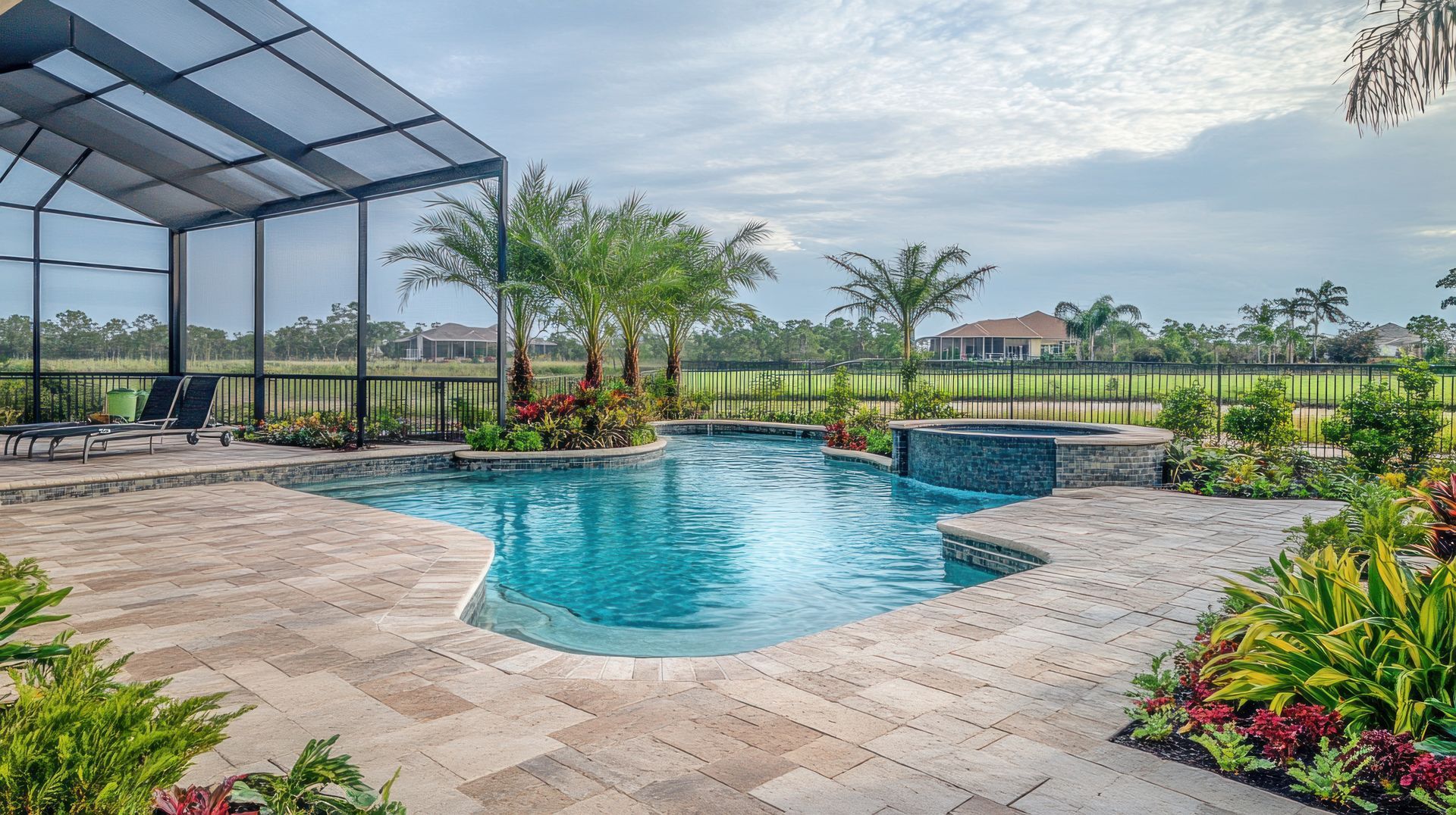 A backyard swimming pool with a stone deck, screened-in area, hot tub, and lush tropical landscaping under a cloudy sky. A backyard swimming pool with a stone deck, screened-in area, hot tub, and lush tropical landscaping under a cloudy sky.