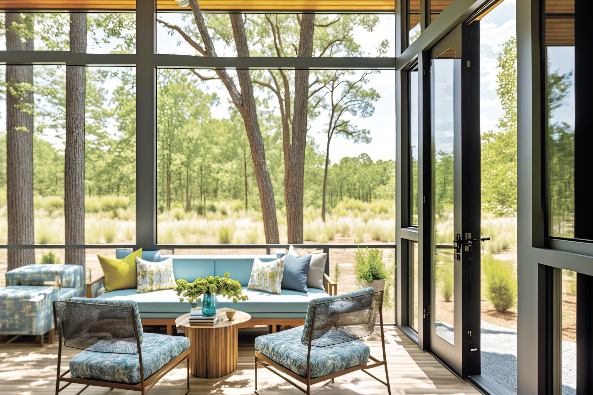 A sunlit, modern screened-in porch with a light blue sofa, two patterned armchairs, and a view of trees and tall grass. A sunlit, modern screened-in porch with a light blue sofa, two patterned armchairs, and a view of trees and tall grass.