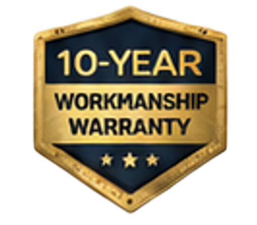 Gold shield badge reading 10-YEAR WORKMANSHIP WARRANTY with three stars on a dark blue center Gold shield badge reading 10-YEAR WORKMANSHIP WARRANTY with three stars on a dark blue center