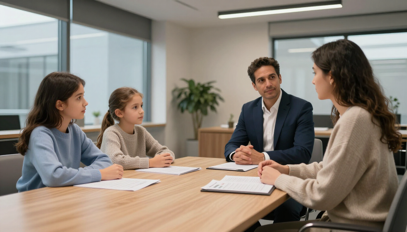 Reunión de pequeños empresarios alrededor de una mesa de madera en una oficina luminosa, con cuatro personas discutiendo documentos.