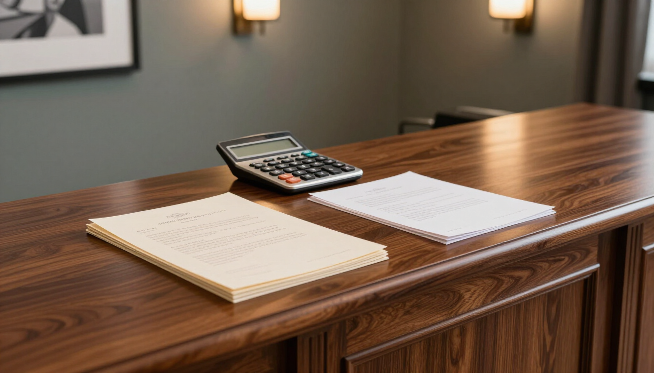 Escritorio de madera con un cuaderno abierto, una calculadora y papeles en un entorno de oficina.