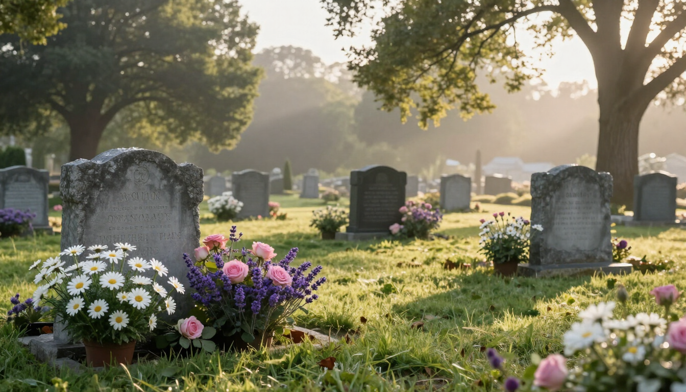 Cementerio iluminado por el sol con lápidas, flores en flor y árboles en una escena matutina brumosa.