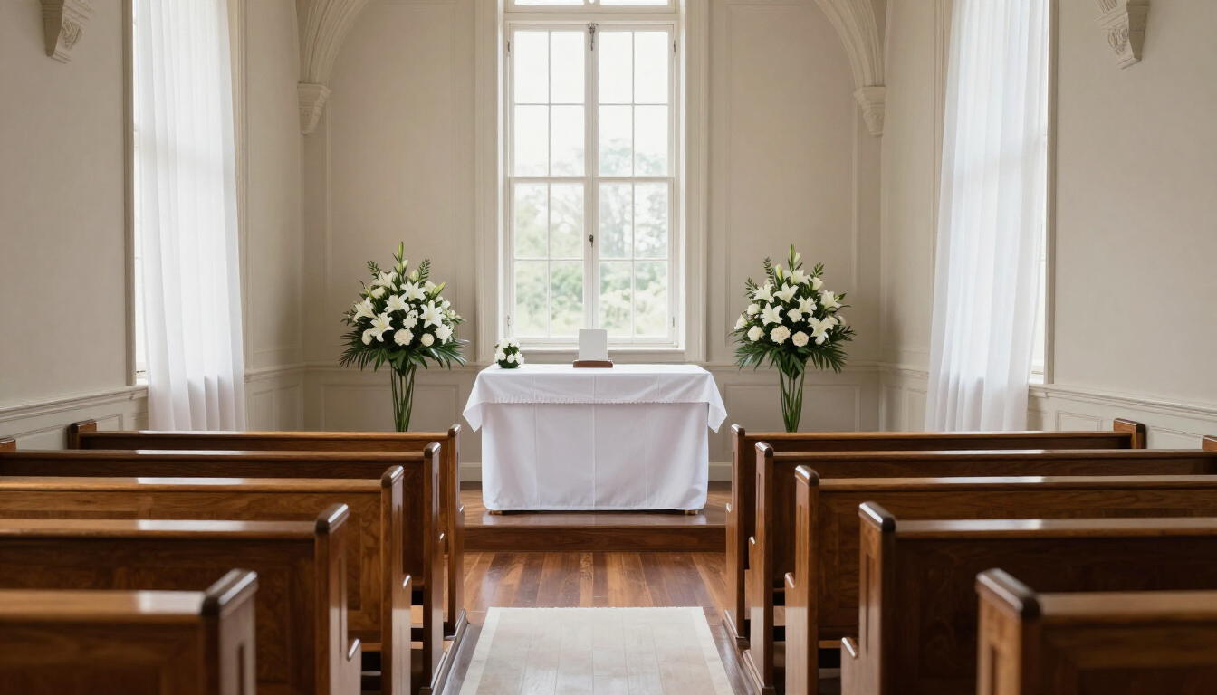 Interior tranquilo de la capilla con bancos de madera, mantel blanco para el altar y arreglos florales junto a una ventana soleada.