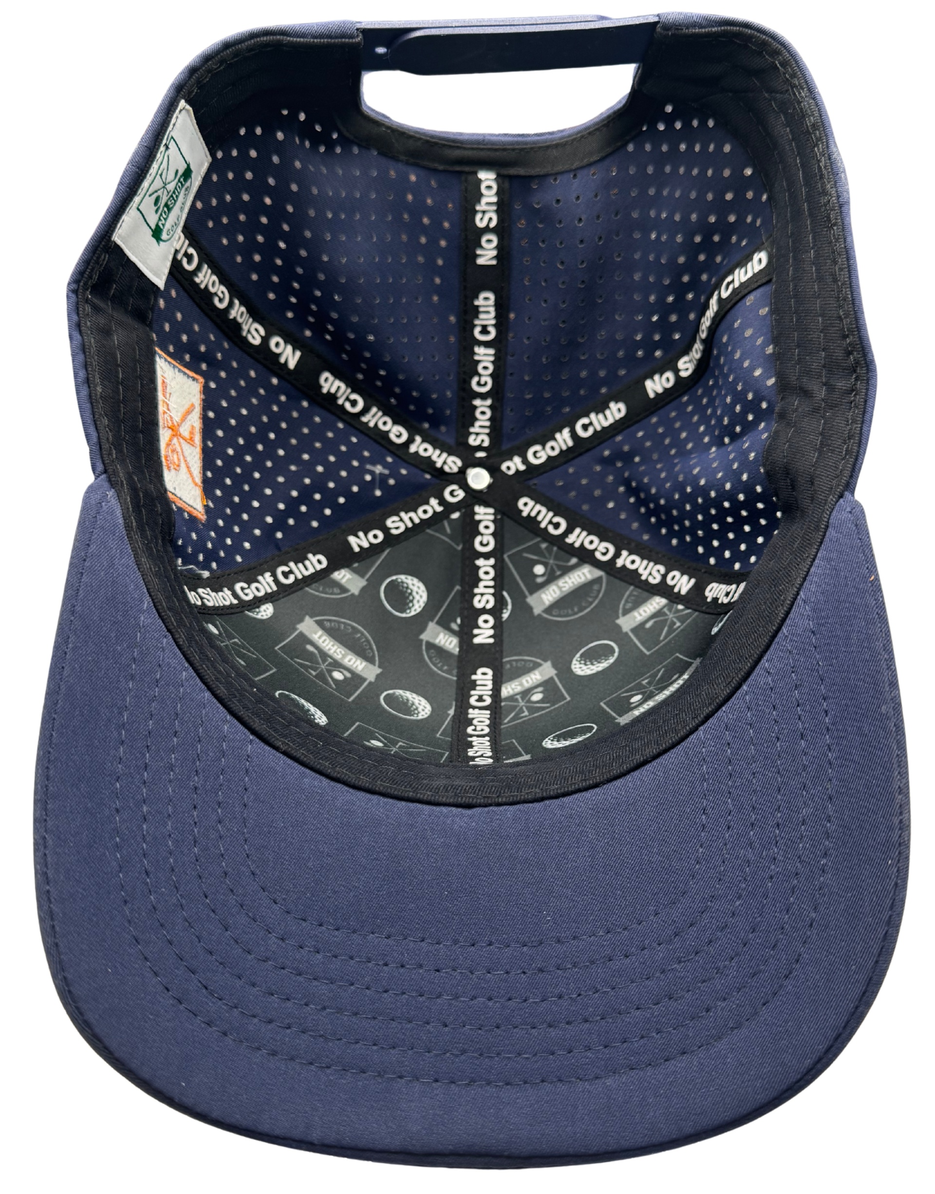 No Shot Golf Club – Navy 6-Panel Hat with Orange Embossed Logo
