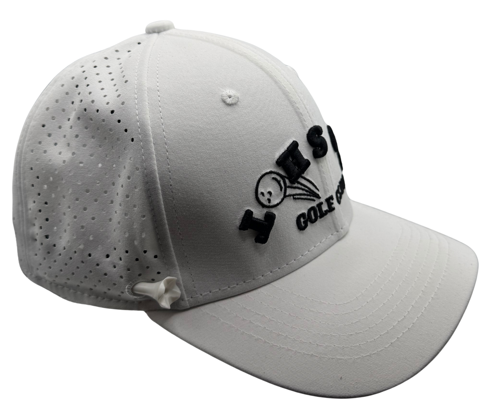 No Shot Golf Club – White 6-Panel Hat with Upside-Down Embossed Logo