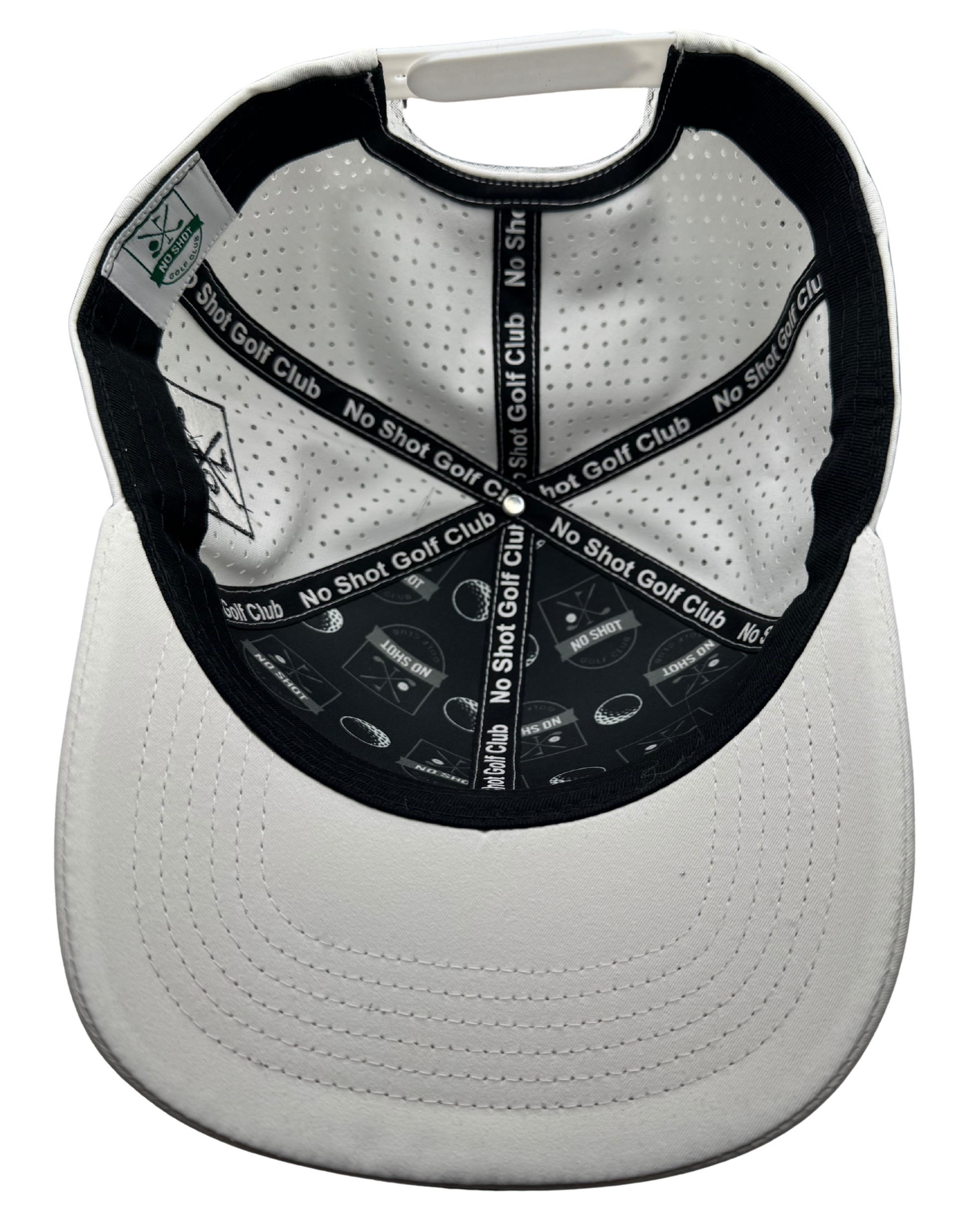 No Shot Golf Club – White 6-Panel Hat with Upside-Down Embossed Logo