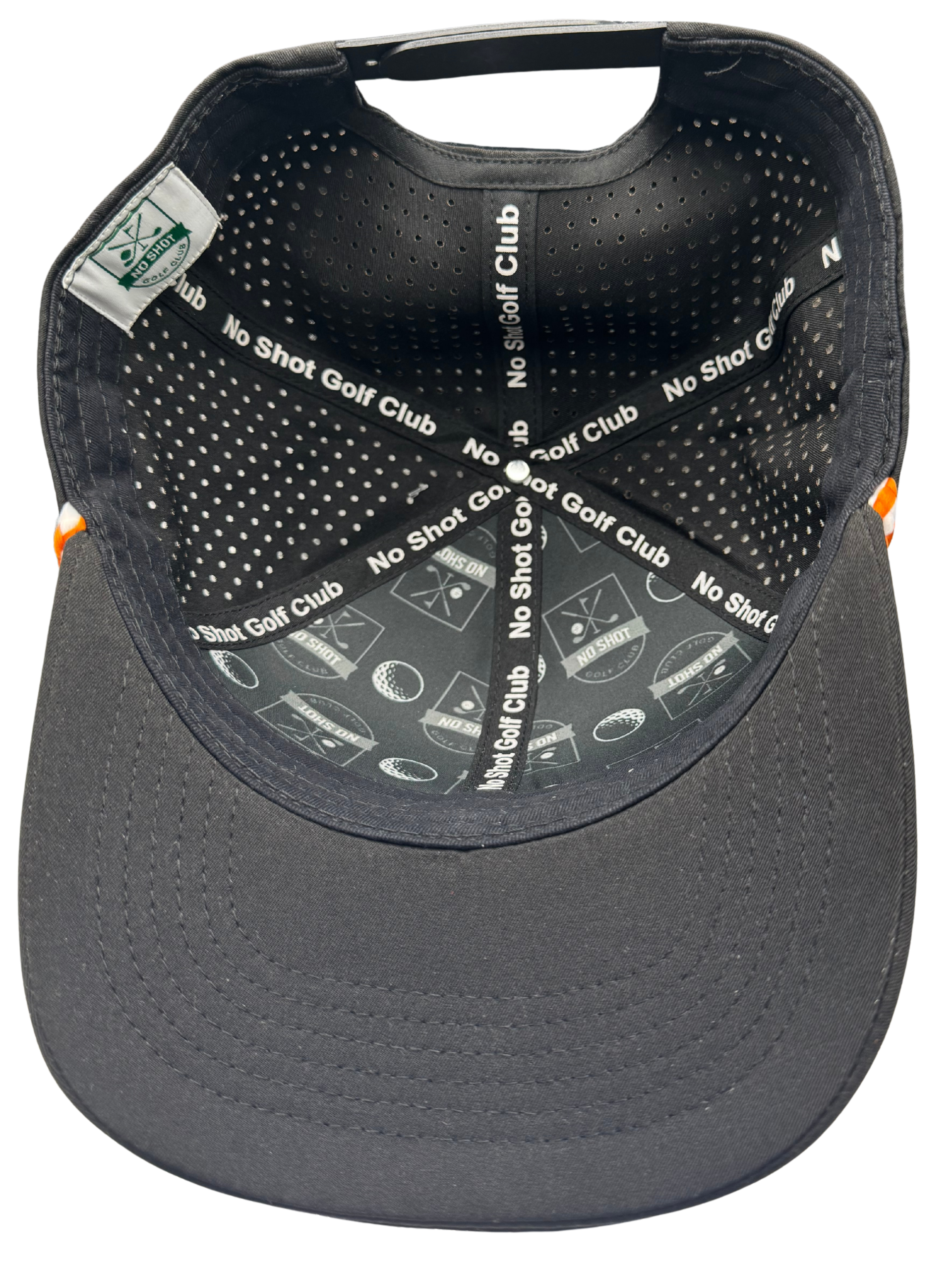 No Shot Golf Club – Black Rope 6-Panel Hat with Burnt Orange Logo
