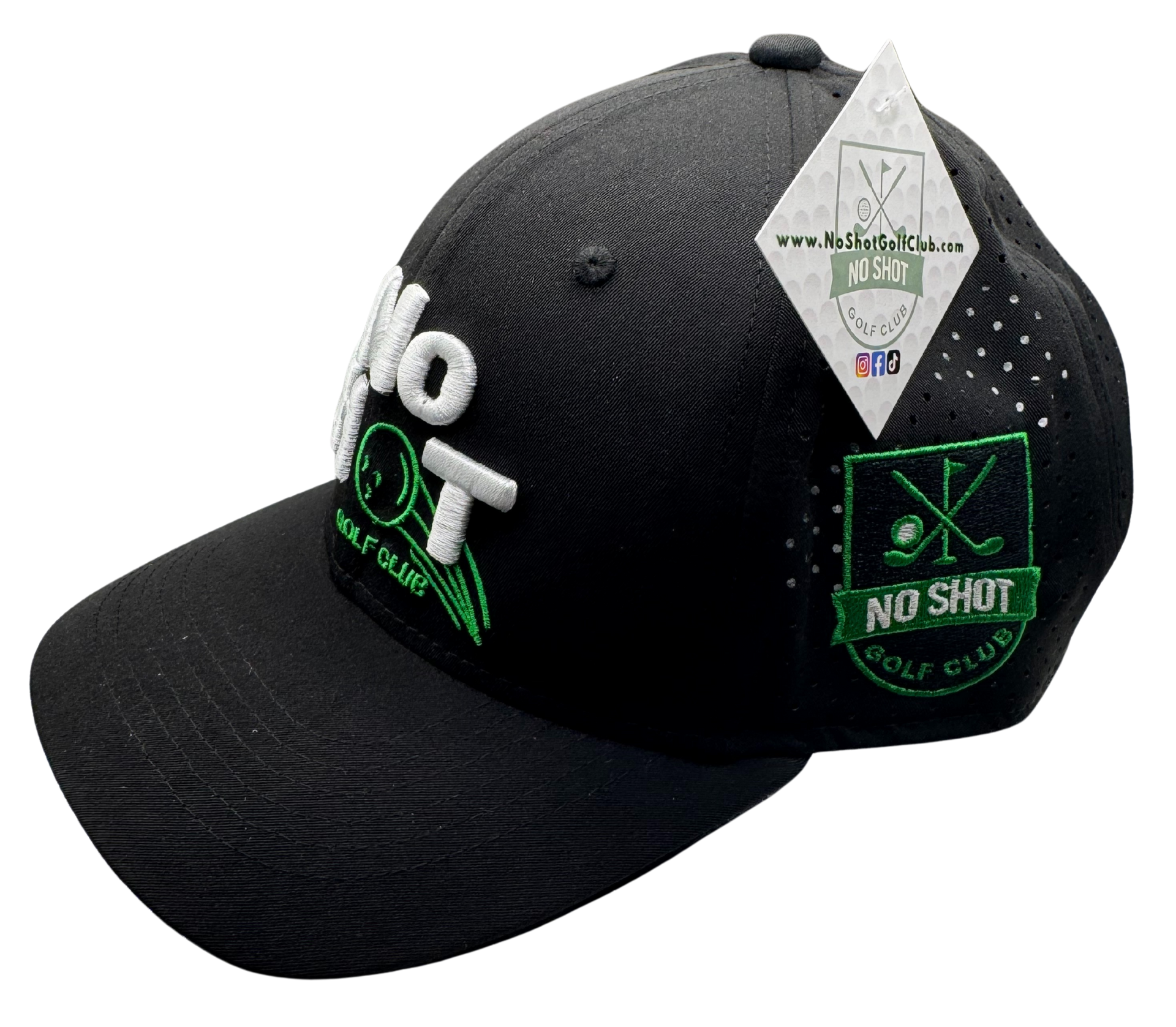 No Shot Golf Club – Black 6-Panel Hat with Green Vintage Embossed Logo