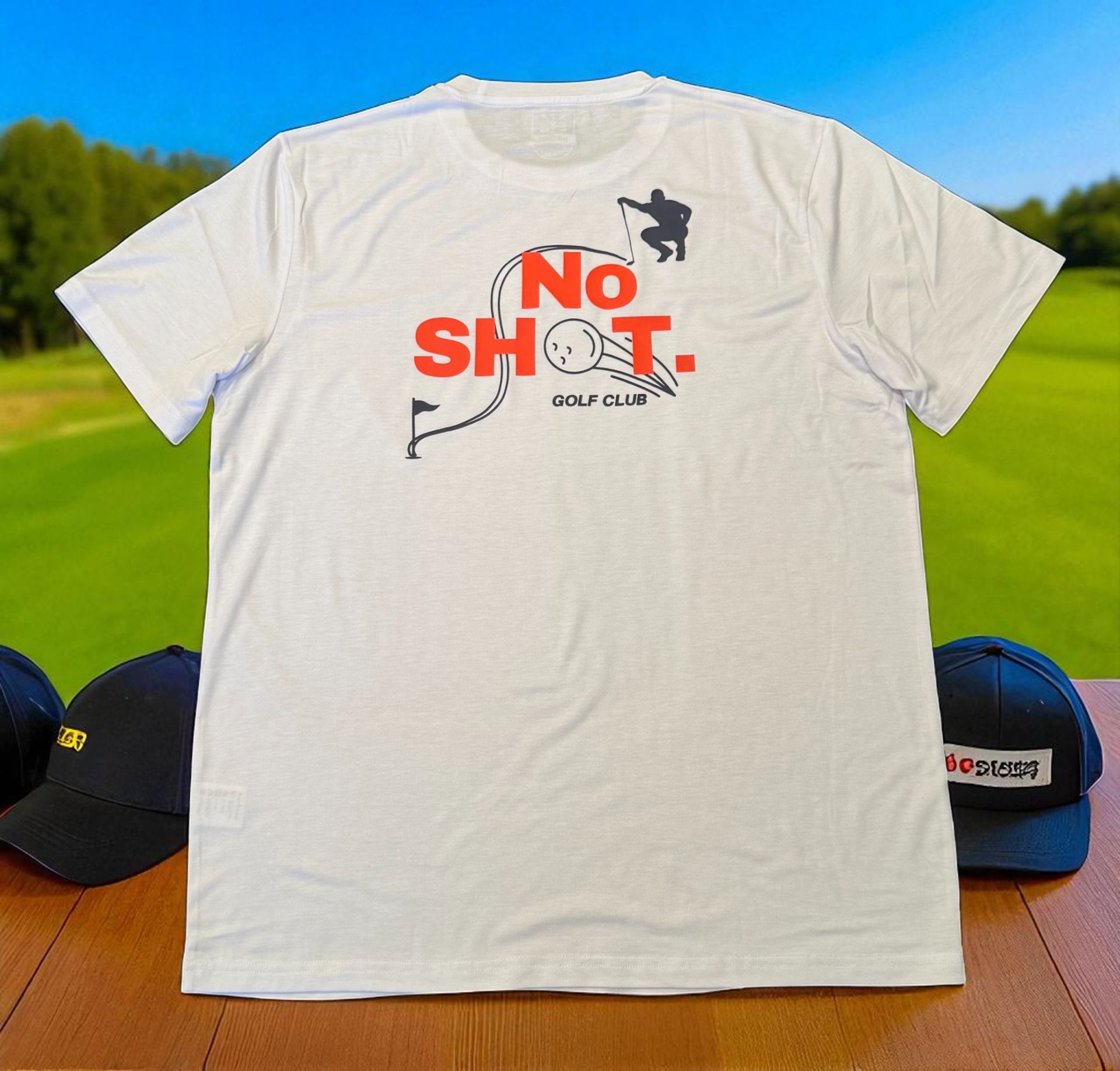 White w/Navy Logo on chest/ Red/Navy Putting Graphic on back of Shirt