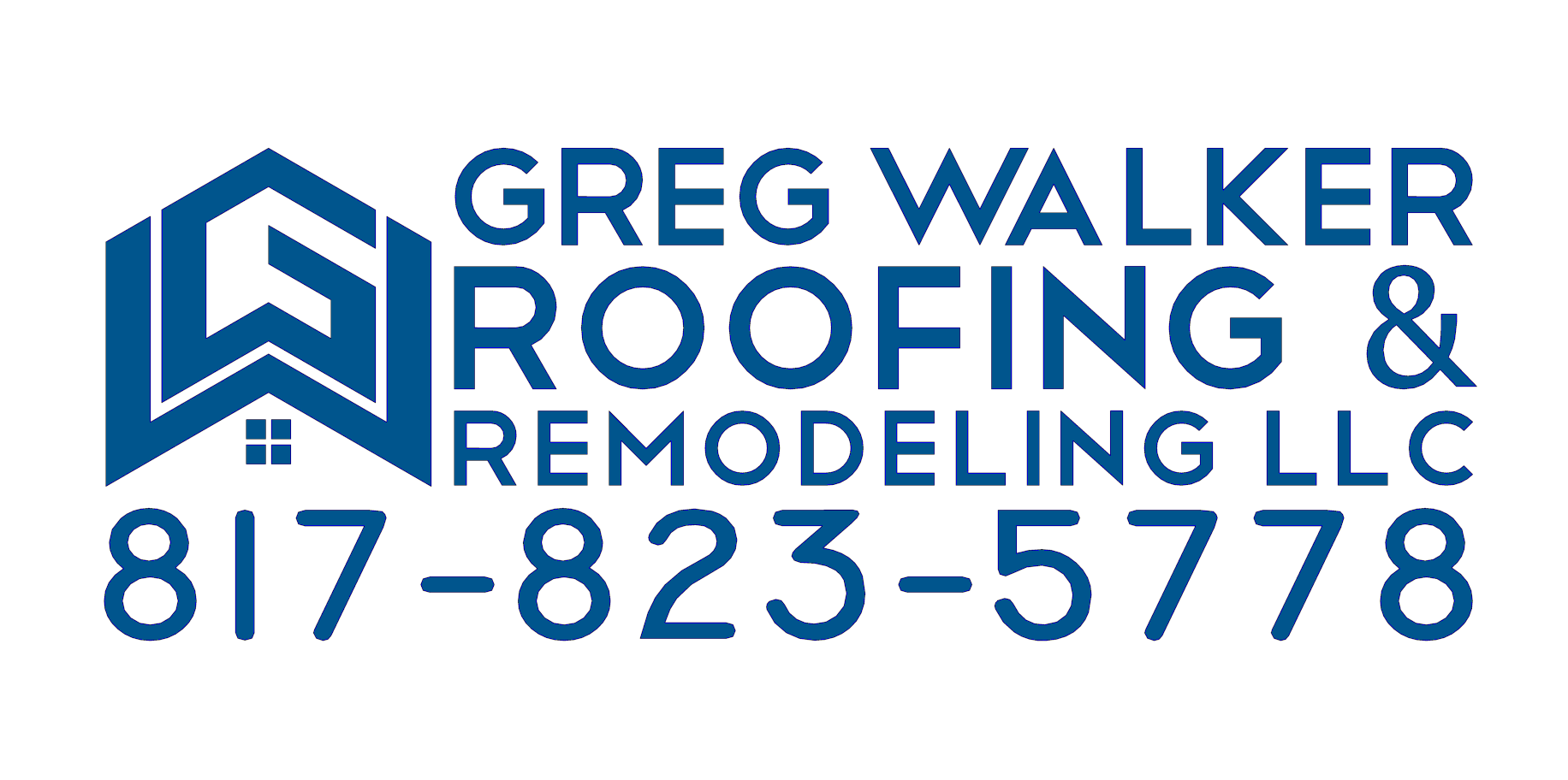 Greg Walker Roofing & Remodeling LLC logo with blue text and phone number 817-823-5778