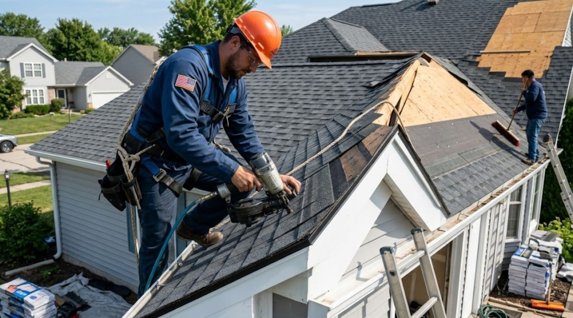 Roofing workers repairing a house roof, with one kneeling on shingles and another on the ridge