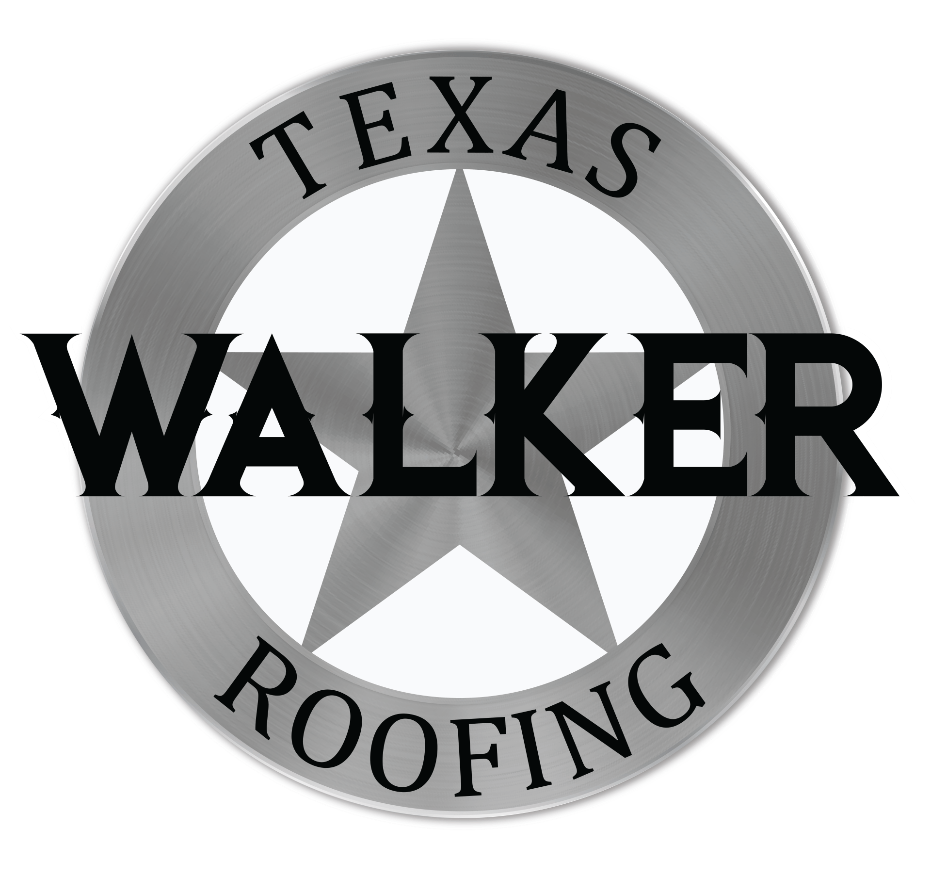 Texas Walker Roofing logo with gray star and black text on a silver circular emblem