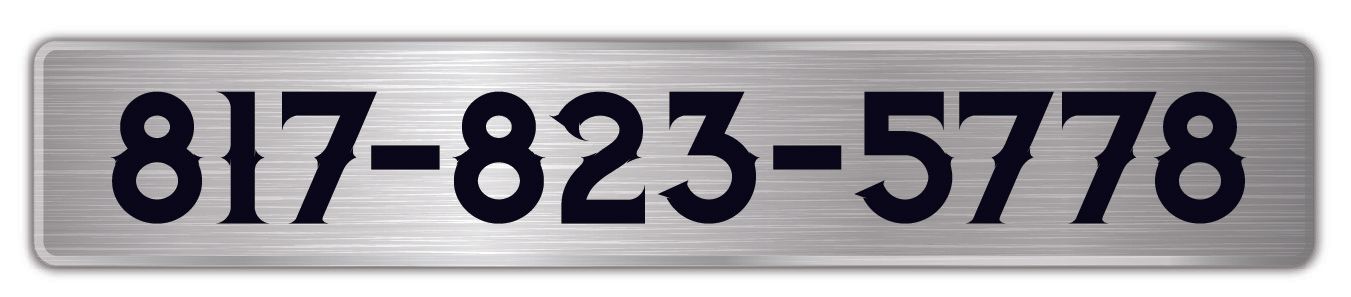 Black phone number 817-823-5778 on a light gray sign