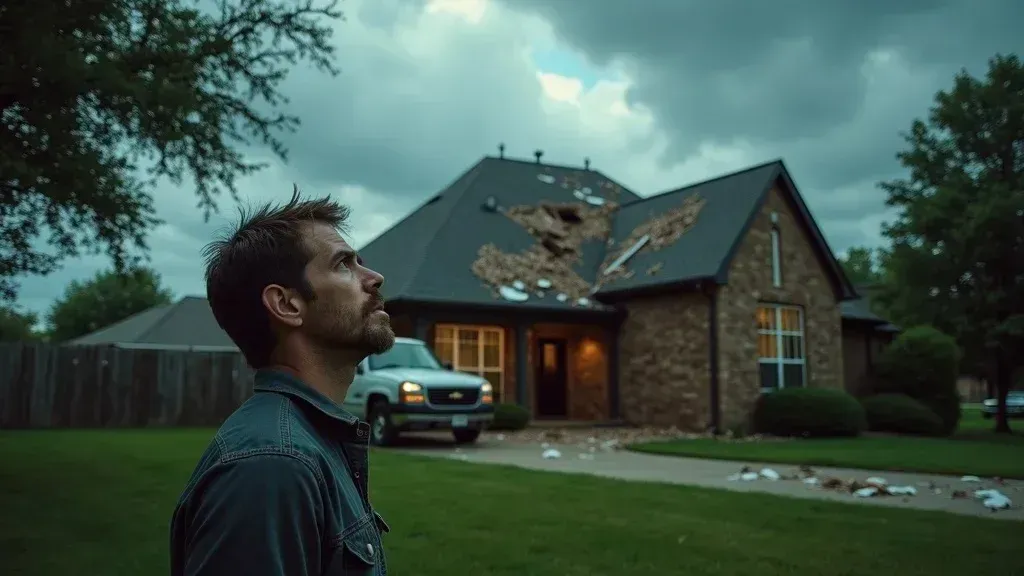 Man standing in a yard at dusk, looking toward a lit stone house with a truck in the driveway.