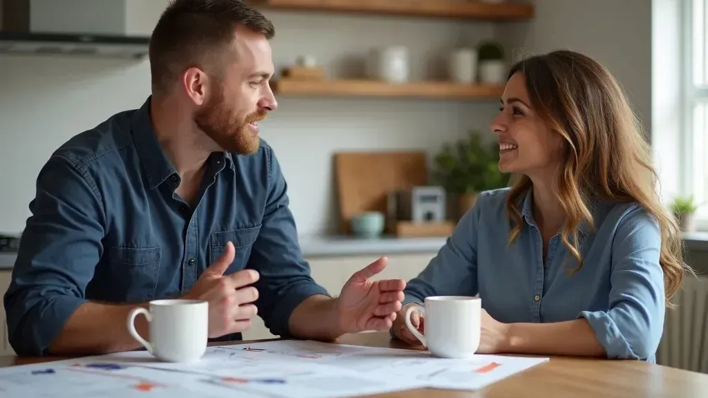 Two coworkers talking at a table with papers and coffee mugs in a bright office setting