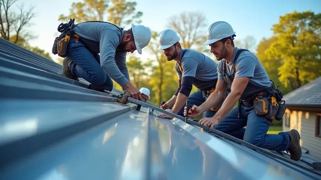 Three roofers in hard hats installing a metal roof under a blue sky