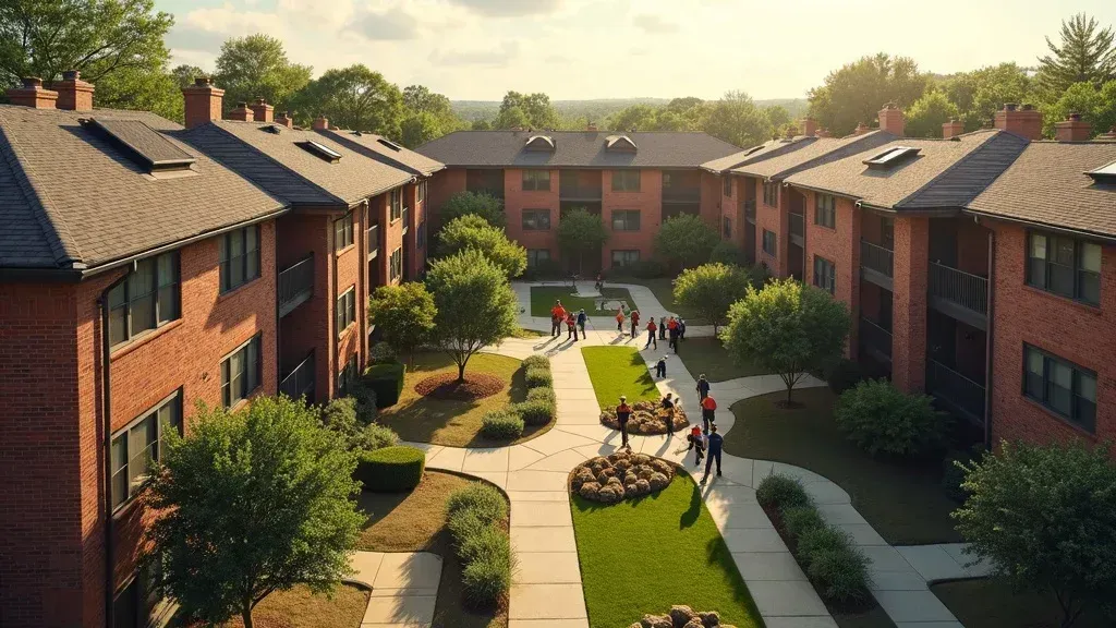 Aerial view of a brick apartment courtyard with trees, walkways, benches, and a few people gathered near the center.
