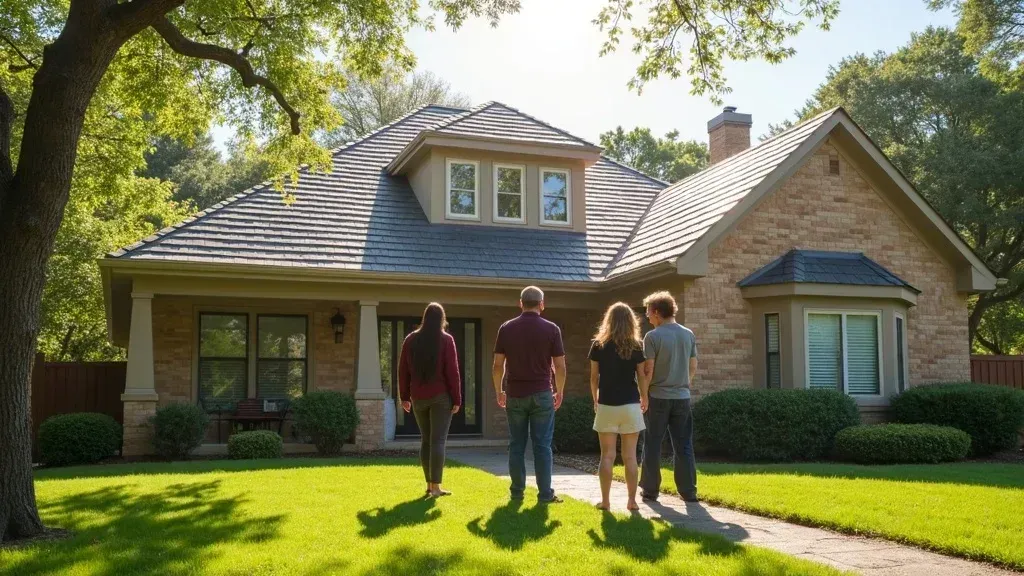 Four people standing on a sunny lawn in front of a brick house with a gabled roof.