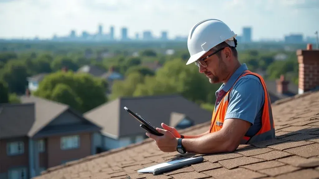 Worker in a hard hat inspects a roof with a tablet, city skyline in the background.