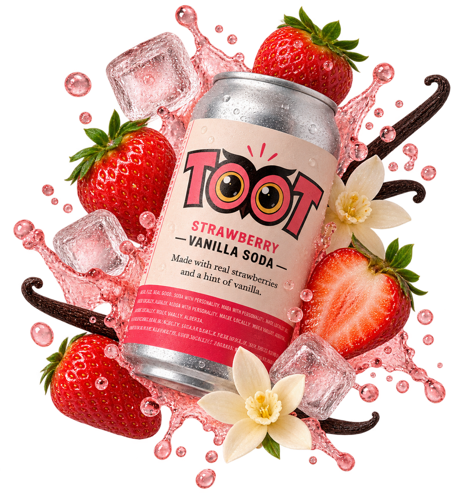 TOOT strawberry vanilla soda can surrounded by strawberries, ice cubes, flowers, and chocolate swirls