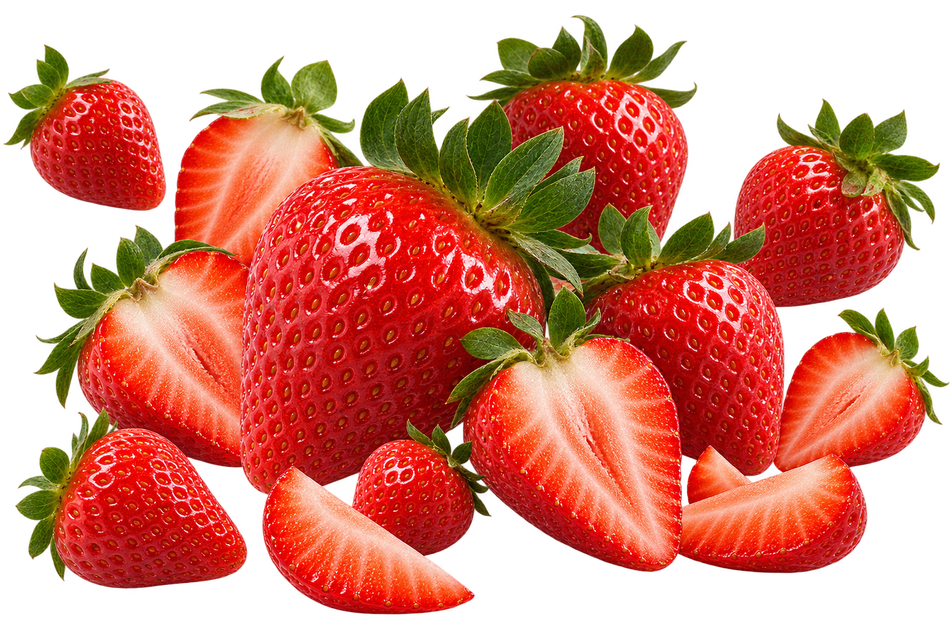 Assorted ripe strawberries, some whole and some sliced, on a white background