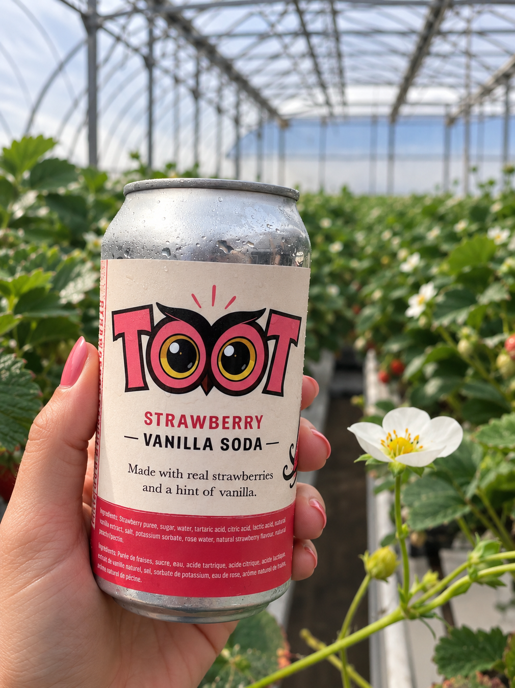 Hand holding a Toot strawberry vanilla soda can in a greenhouse beside white flowers.