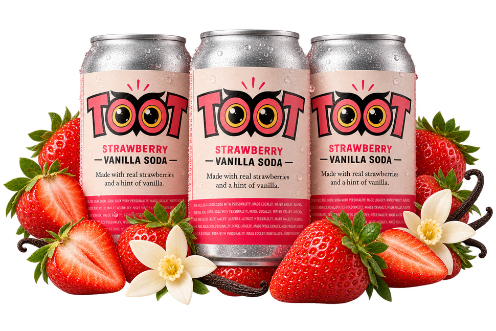 Three TOOT strawberry vanilla soda cans with strawberries and flowers on a white background