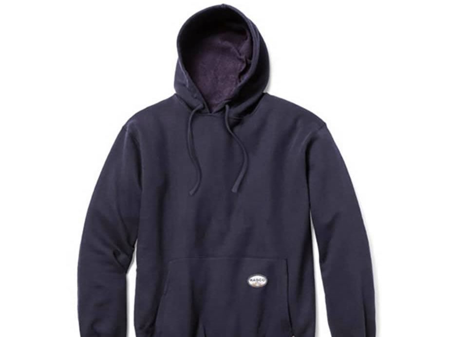 Navy blue hooded sweatshirt with a front pocket and small patch.
