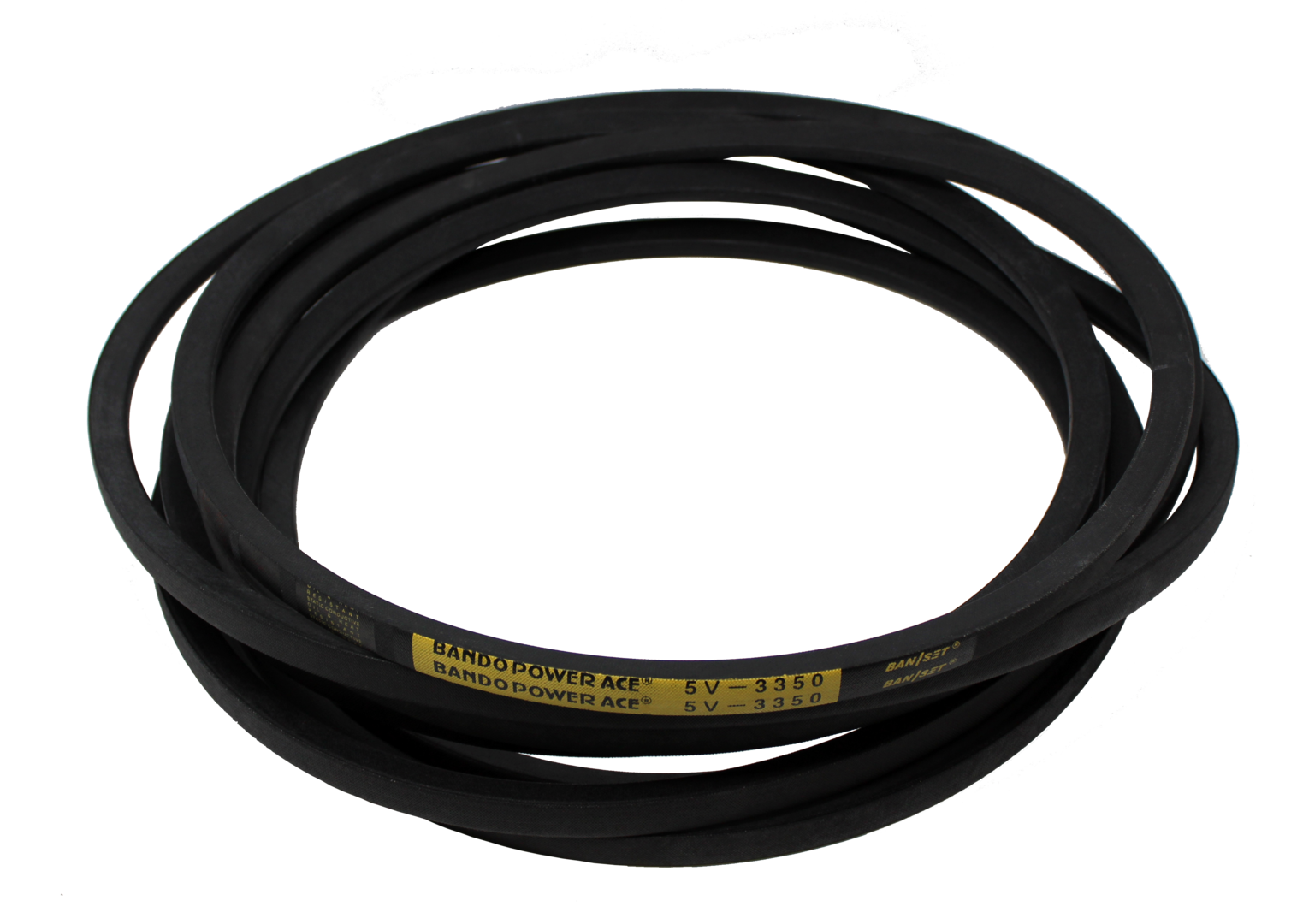 Black rubber V-belt, coiled. Shows yellow text label.