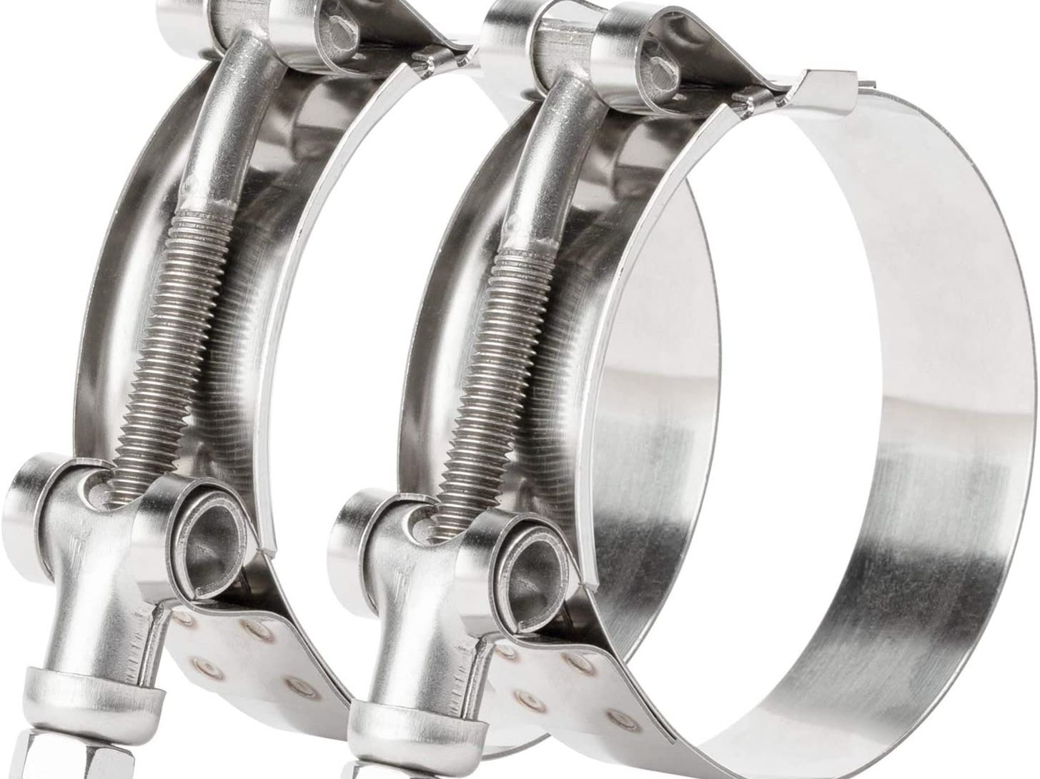 Two stainless steel T-bolt clamps, side-by-side, with a bolt and spring mechanism for tightening.