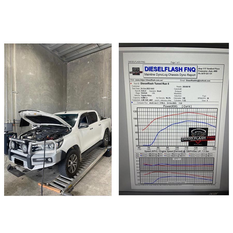 A White Truck With The Hood Up Is Sitting On A Ramp In A Garage  — Dieselflash Whitsundays in Proserpine, QLD
